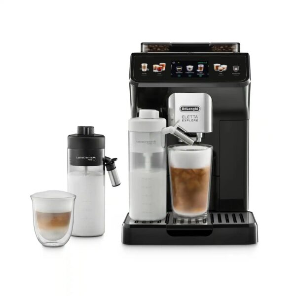 De'Longhi Eletta Explore ECAM450.55.G Kaffeevollautomat in Grau, Frontansicht mit Milchkaraffen LatteCrema Hot und Cool