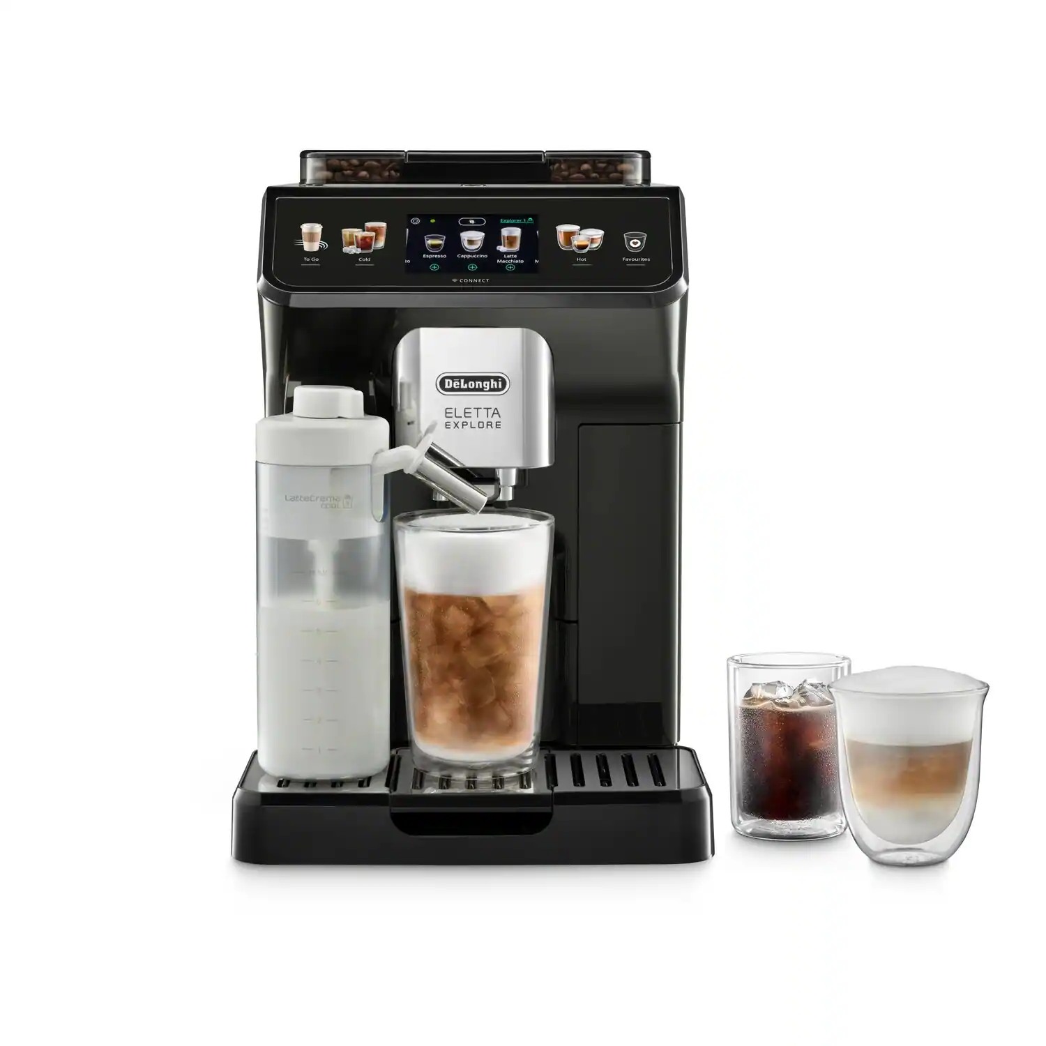 De'Longhi Eletta Explore ECAM450.65.G Kaffeevollautomat in Grau, Frontansicht mit Milchkaraffe