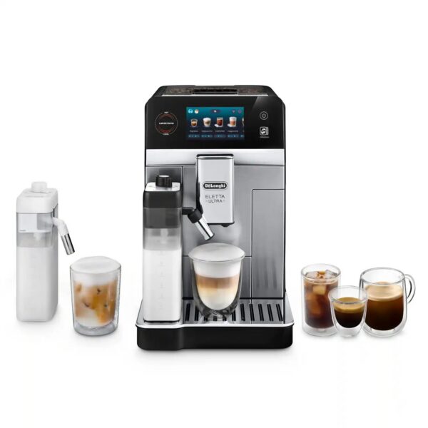 De'Longhi Eletta Ultra ECAM470.85.MB Kaffeevollautomat in Silber-Schwarz, Frontansicht mit beiden Milchkaraffen