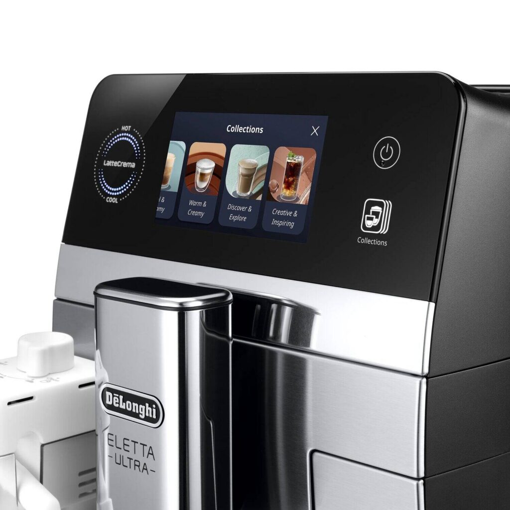 De'Longhi Eletta Ultra ECAM470.85.MB Kaffeevollautomat in Silber-Schwarz, Detail des Bedienfelds mit Rezeptsammlungen