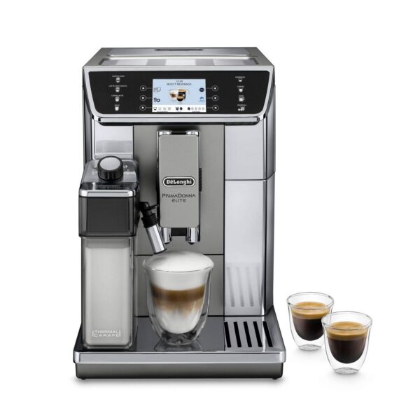 De'Longhi PrimaDonna Elite ECAM650.55.MS Kaffeevollautomat in Silber, Frontansicht mit Milchkaraffe