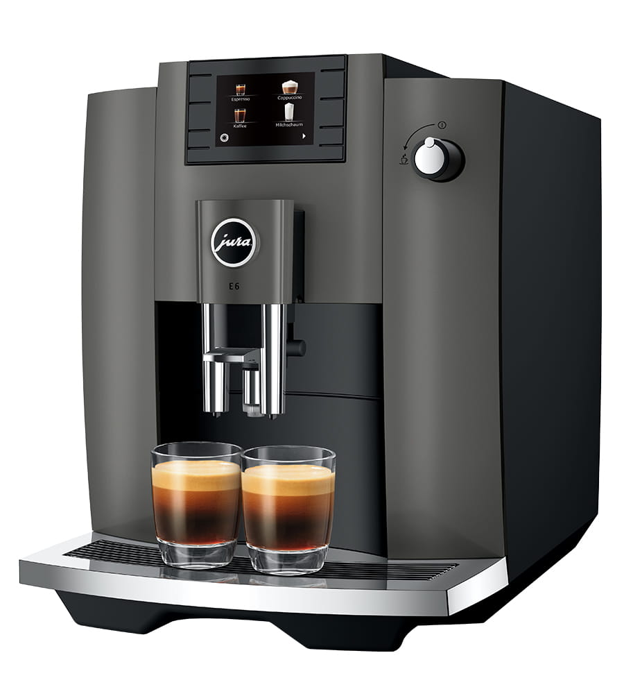 Jura E6 (EC) Kaffeevollautomat in Dark Inox, Ansicht schräg von vorn