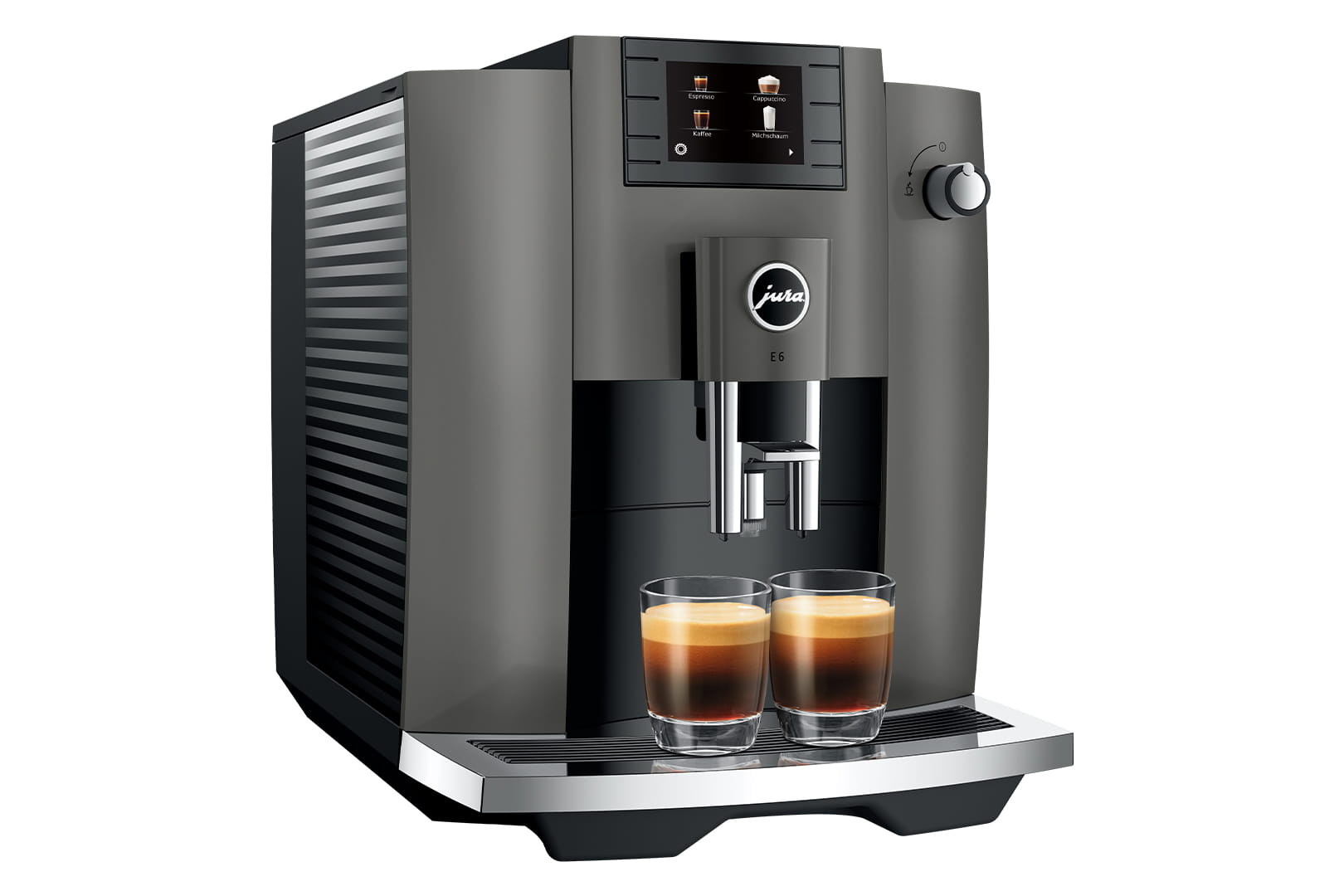 Jura E6 (EC) Kaffeevollautomat in Dark Inox, Seitenansicht schräg von vorn