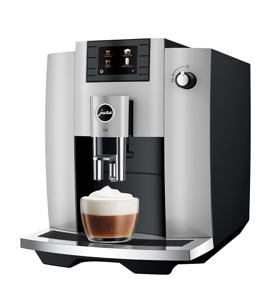 Jura E6 (EC) Kaffeevollautomat in Platin, Ansicht schräg von vorn