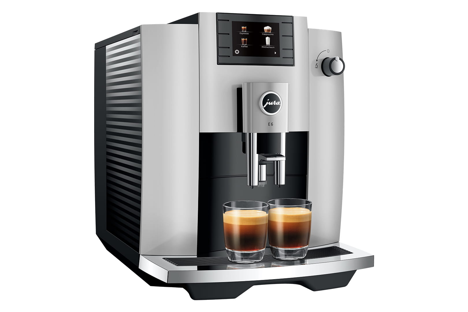 Jura E6 (EC) Kaffeevollautomat in Platin, Seitenansicht schräg von vorn
