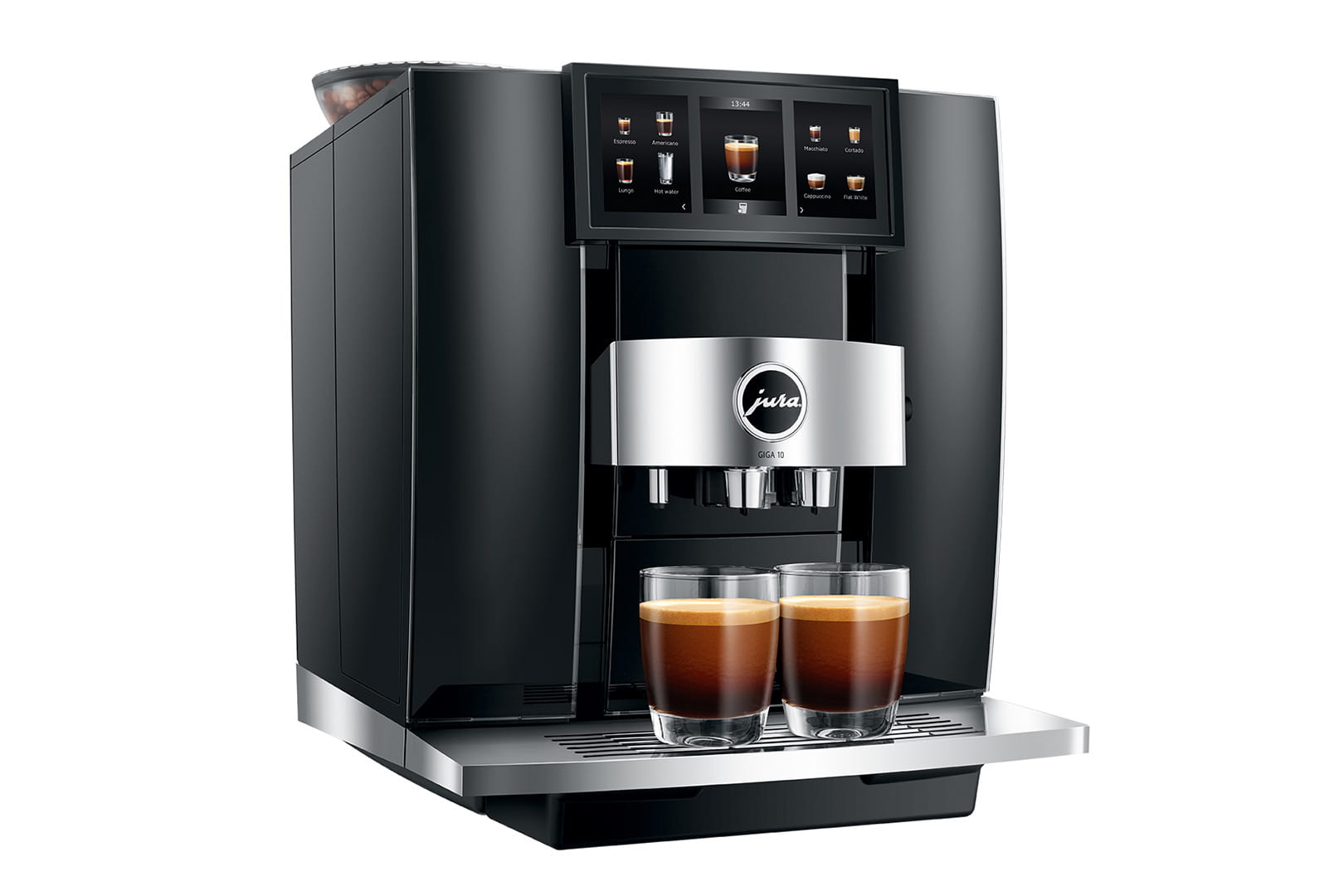Jura GIGA 10 (EA) Kaffeevollautomat in Diamond Black, Schrägansicht mit Tassen