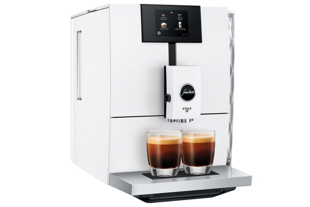Jura ENA 8 (EC) Kaffeevollautomat in Full Nordic White, Seitenansicht schräg von vorn