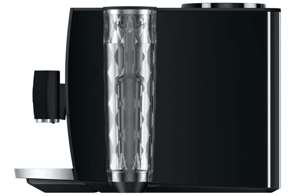 Jura ENA 8 (EC) Kaffeevollautomat in Full Metropolitan Black, Seitenansicht mit Wassertank