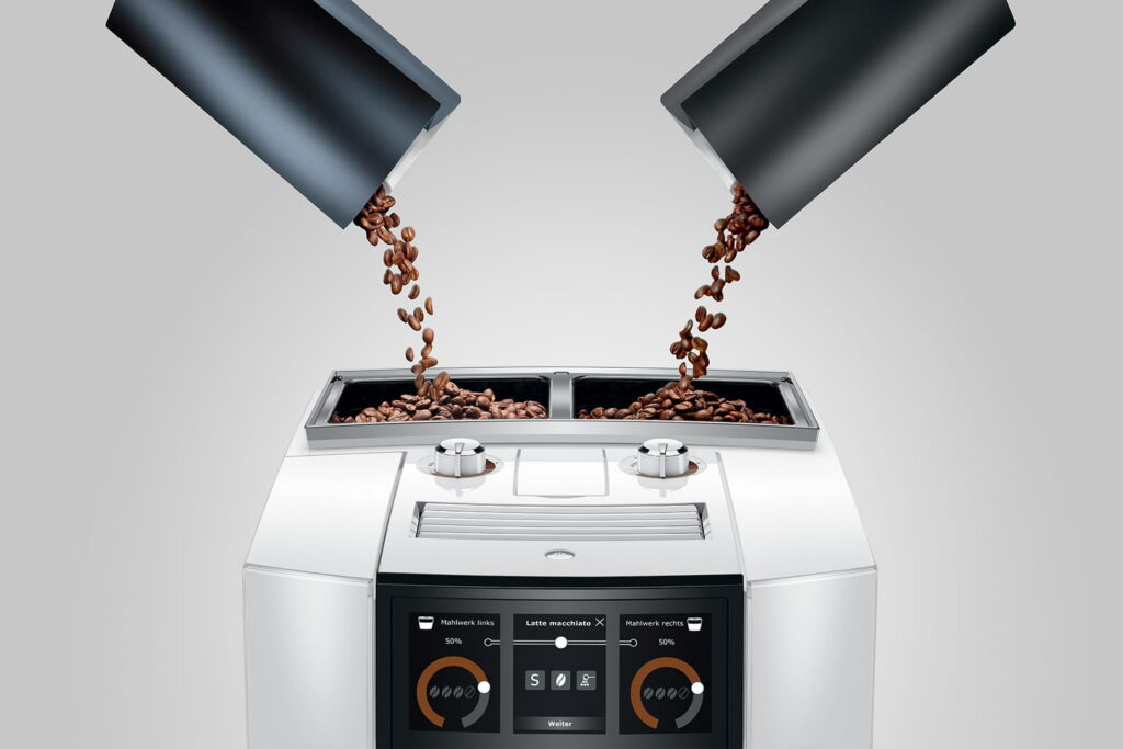 Jura J8 twin (EA) Kaffeevollautomat in Diamond White, Draufsicht auf die zwei Bohnenbehälter