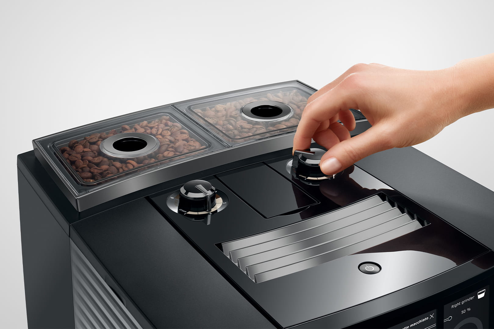 Jura J10 twin (EA) Kaffeevollautomat in Diamond Onyx, Draufsicht auf die zwei Mahlwerke
