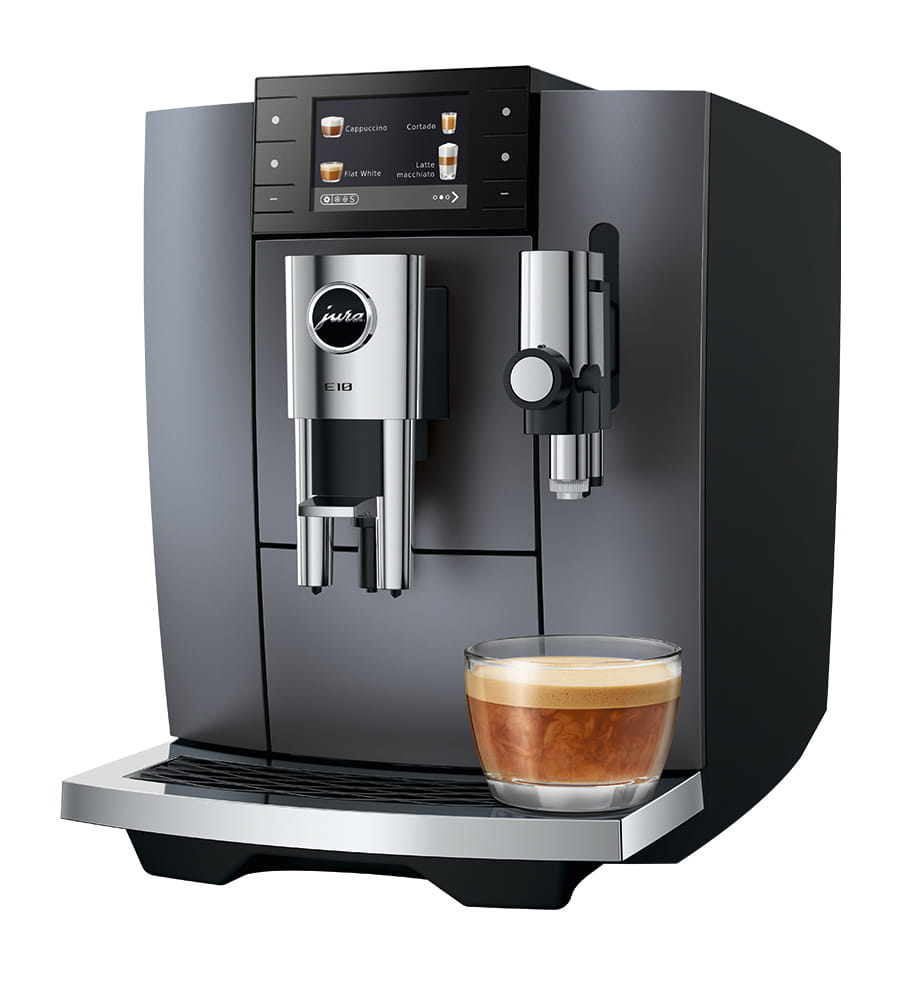Jura E10 (EA) Kaffeevollautomat in Onyx Grey, Ansicht schräg von vorn