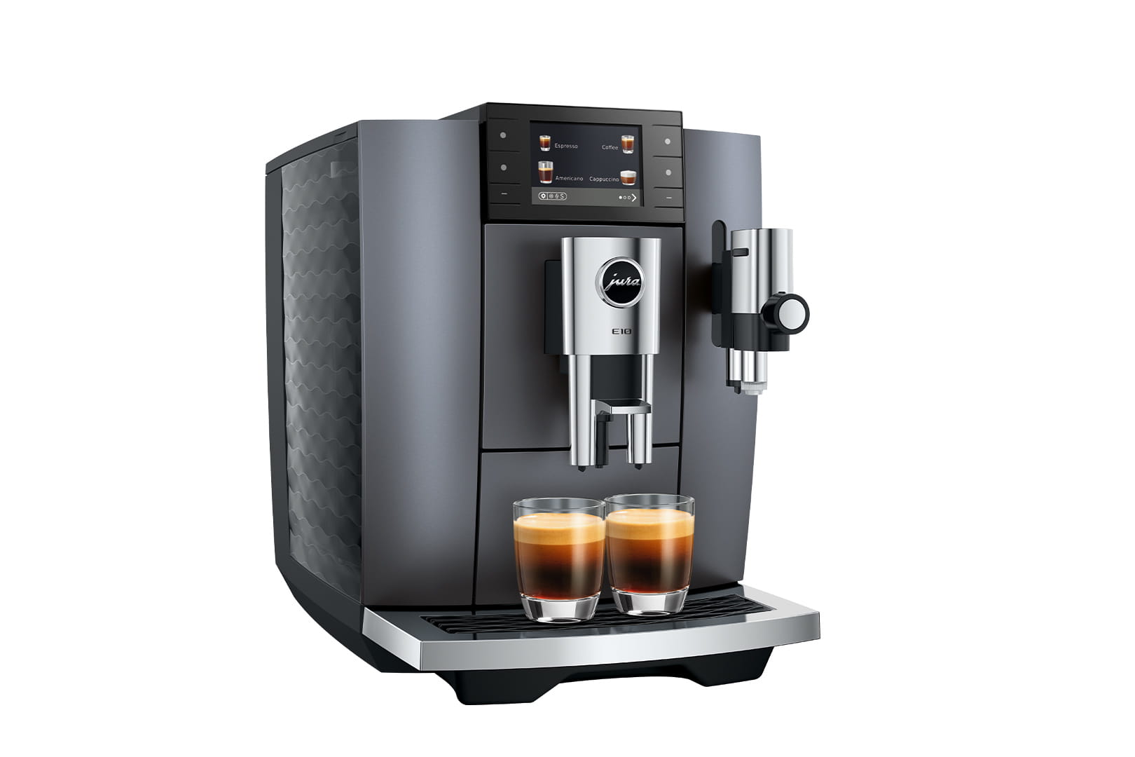 Jura E10 (EA) Kaffeevollautomat in Onyx Grey, Ansicht schräg von vorn mit Espresso
