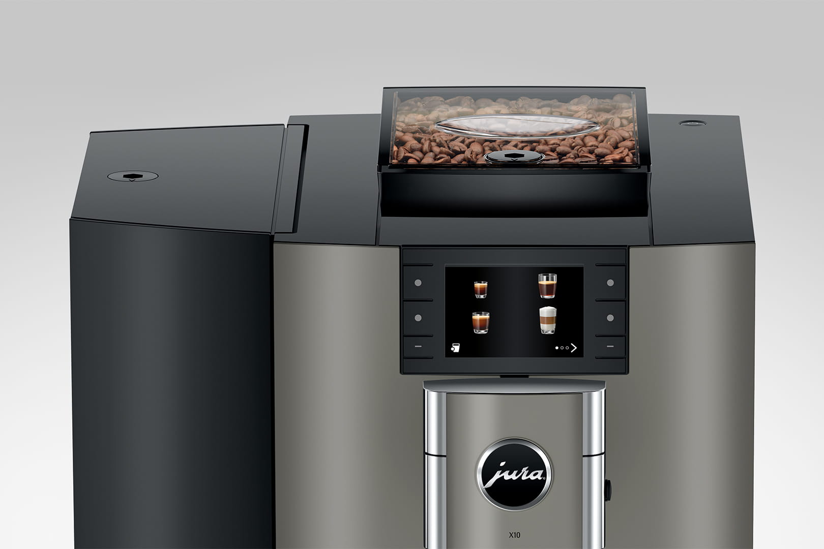 Jura X10 (EB) Kaffeevollautomat in Dark Inox, Draufsicht mit Bohnenbehälter und Display