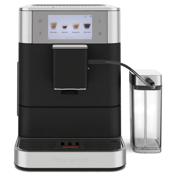 KitchenAid KF8 5KES8558EBK Kaffeevollautomat in Gusseisen Schwarz, Frontansicht mit Milchbehälter