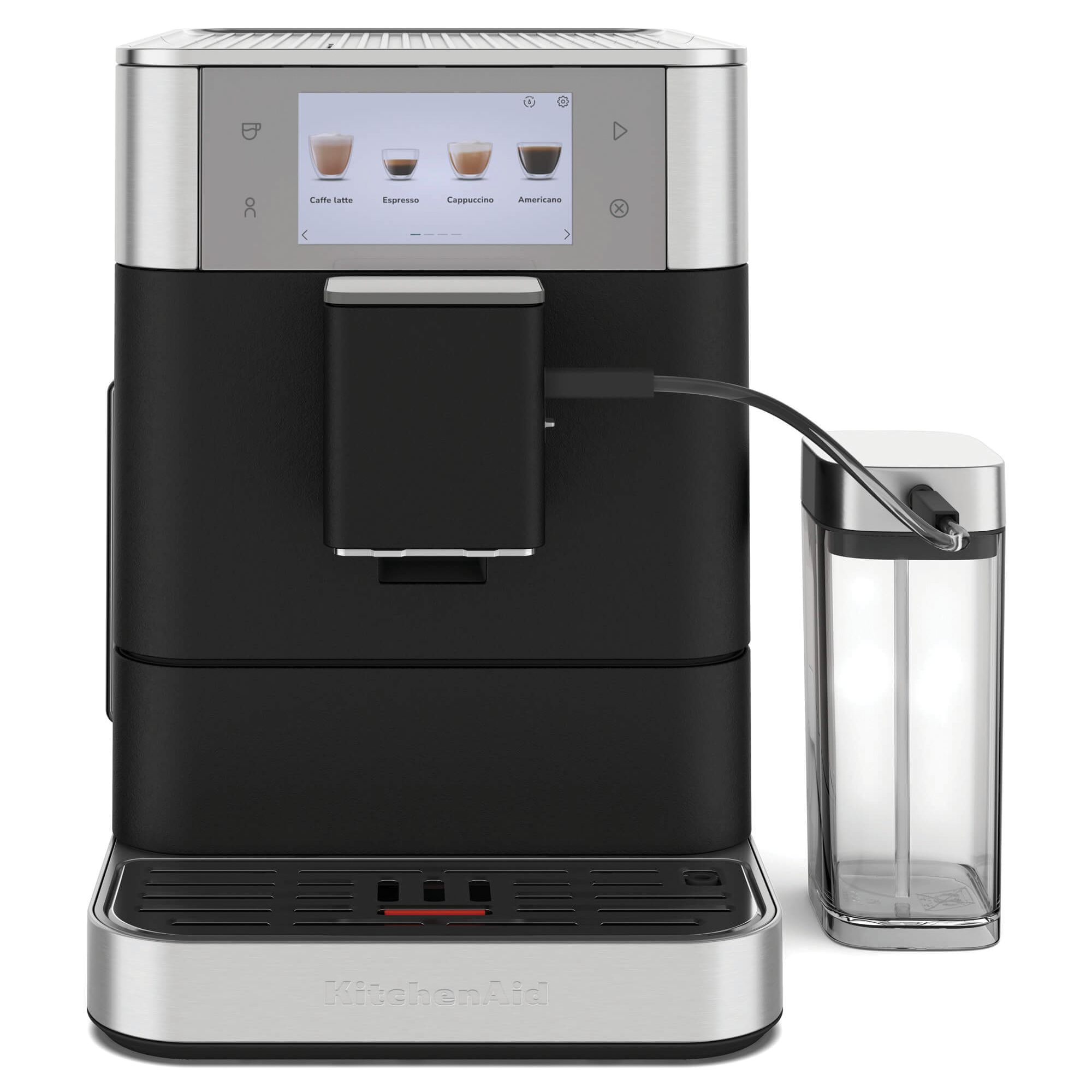 KitchenAid KF8 5KES8558EBK Kaffeevollautomat in Gusseisen Schwarz, Frontansicht mit Milchbehälter