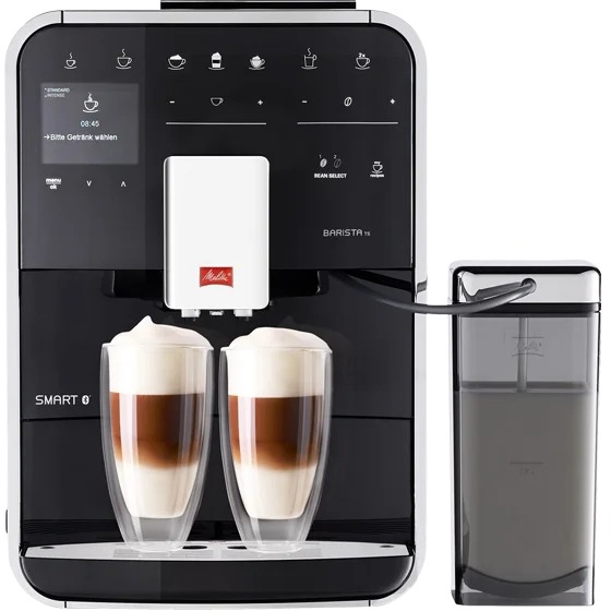 Melitta Barista TS Smart F85/0-102 Kaffeevollautomat in Schwarz, Frontansicht mit Milchbehälter