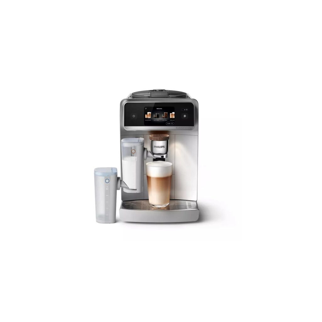 Philips Café Aromis Series 8000 EP8757/20 Kaffeevollautomat in Silber, Frontansicht mit LatteGo Pro Hot und LatteGo Pro Cold