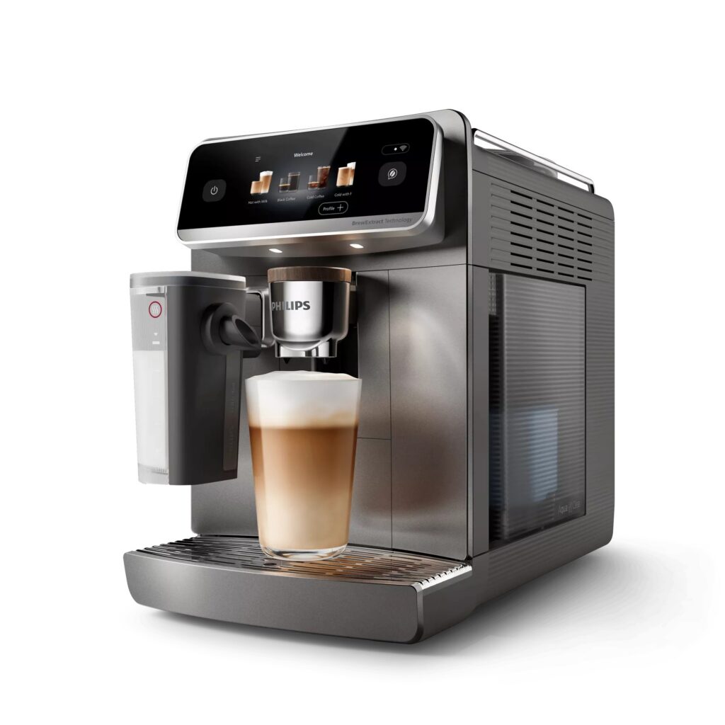 Philips Café Aromis Series 8000 EP8757/92 Kaffeevollautomat in Grau, Seitenansicht mit Wassertank