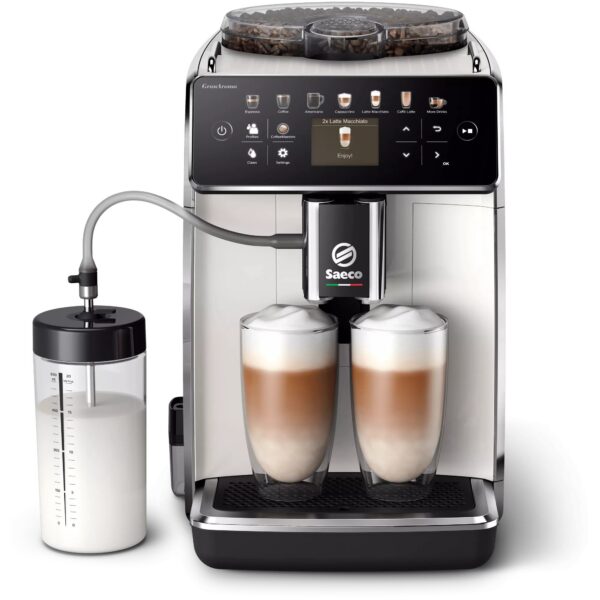 Saeco GranAroma SM6580/20 Kaffeevollautomat in Weiß, Frontansicht mit Milchbehälter