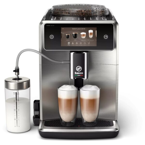 Saeco Xelsis Deluxe SM8785/00 Kaffeevollautomat in Edelstahl, Frontansicht mit Milchbehälter