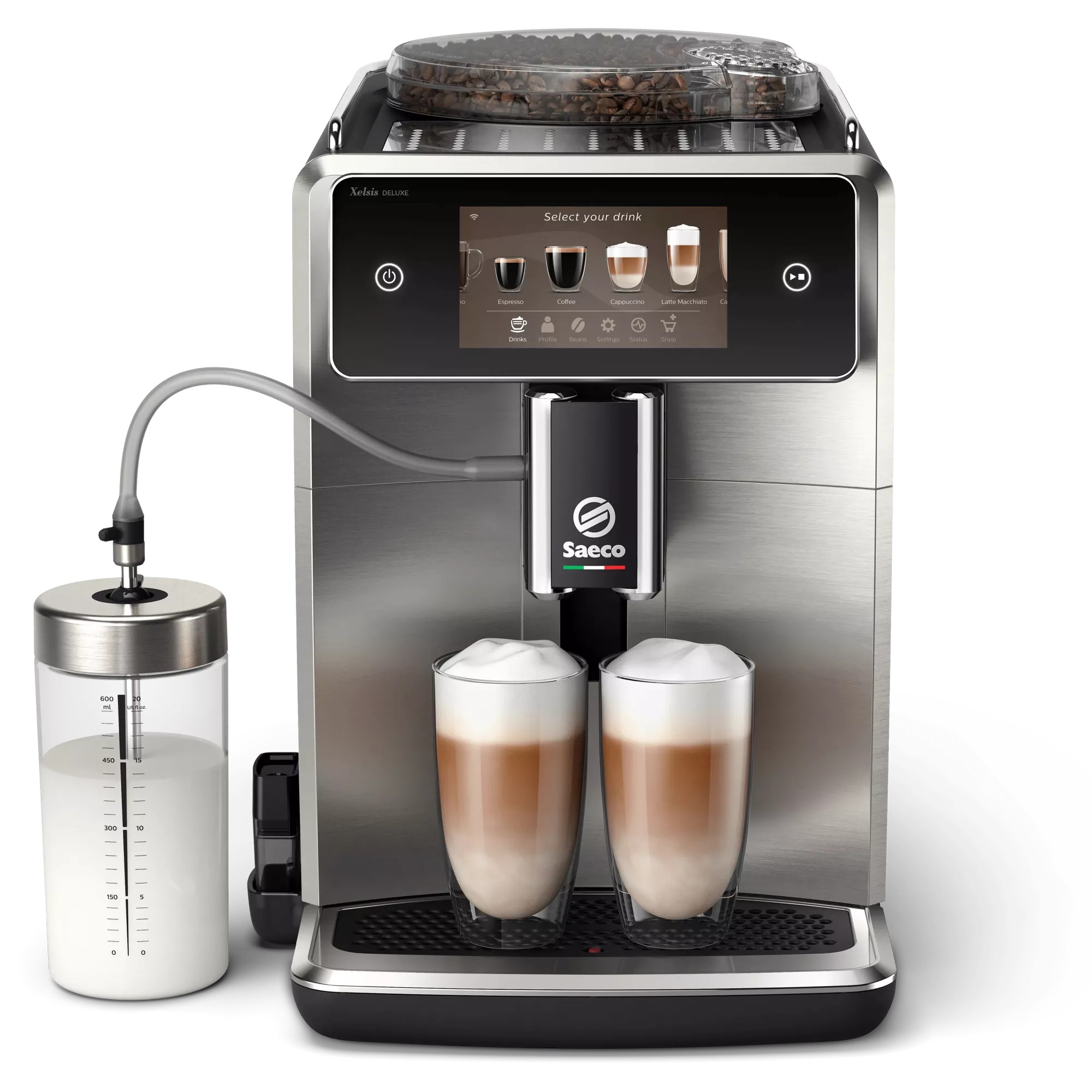 Saeco Xelsis Deluxe SM8785/00 Kaffeevollautomat in Edelstahl, Frontansicht mit Milchbehälter