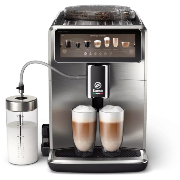 Saeco Xelsis Suprema SM8885/00 Kaffeevollautomat in Edelstahl, Frontansicht mit Milchbehälter