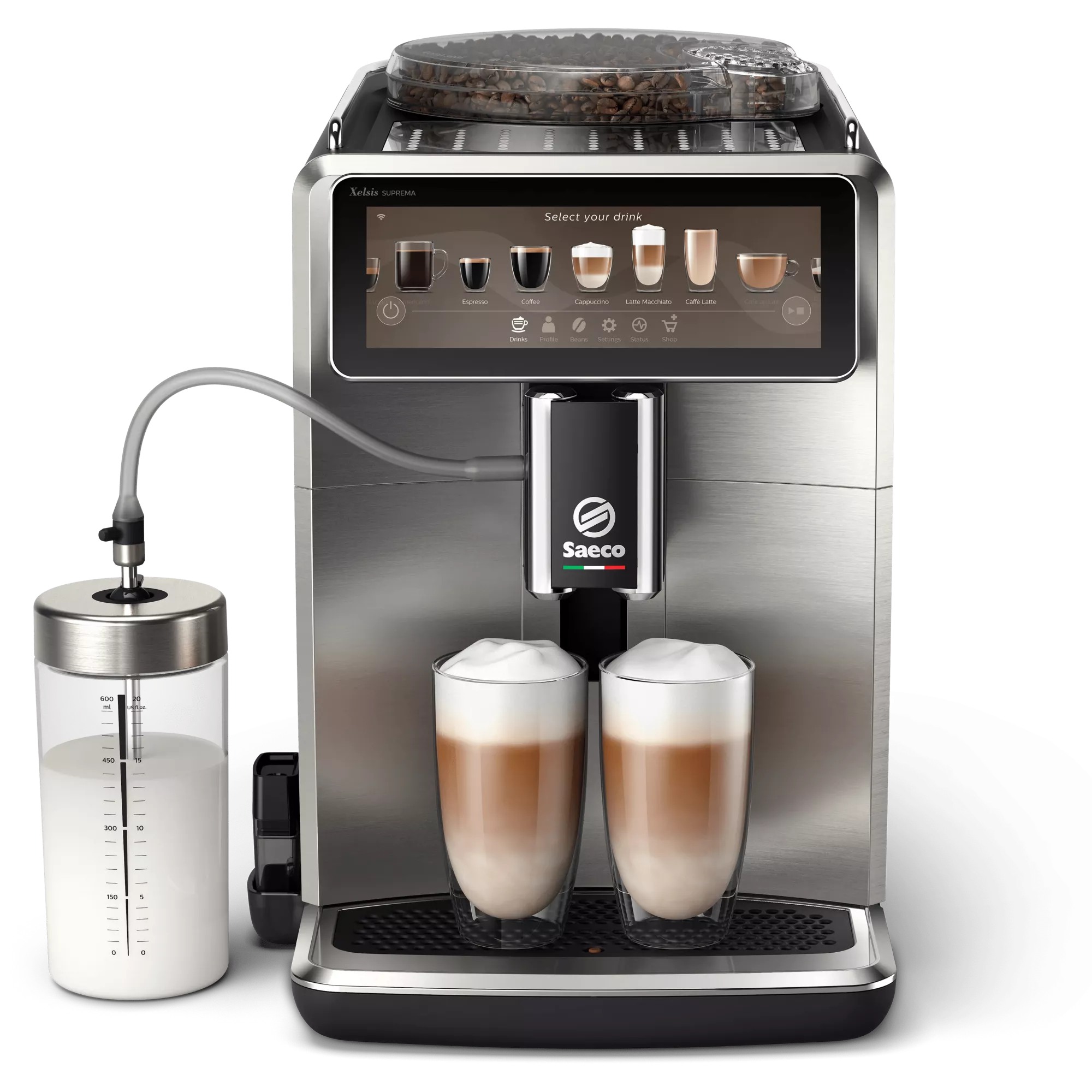 Saeco Xelsis Suprema SM8885/00 Kaffeevollautomat in Edelstahl, Frontansicht mit Milchbehälter