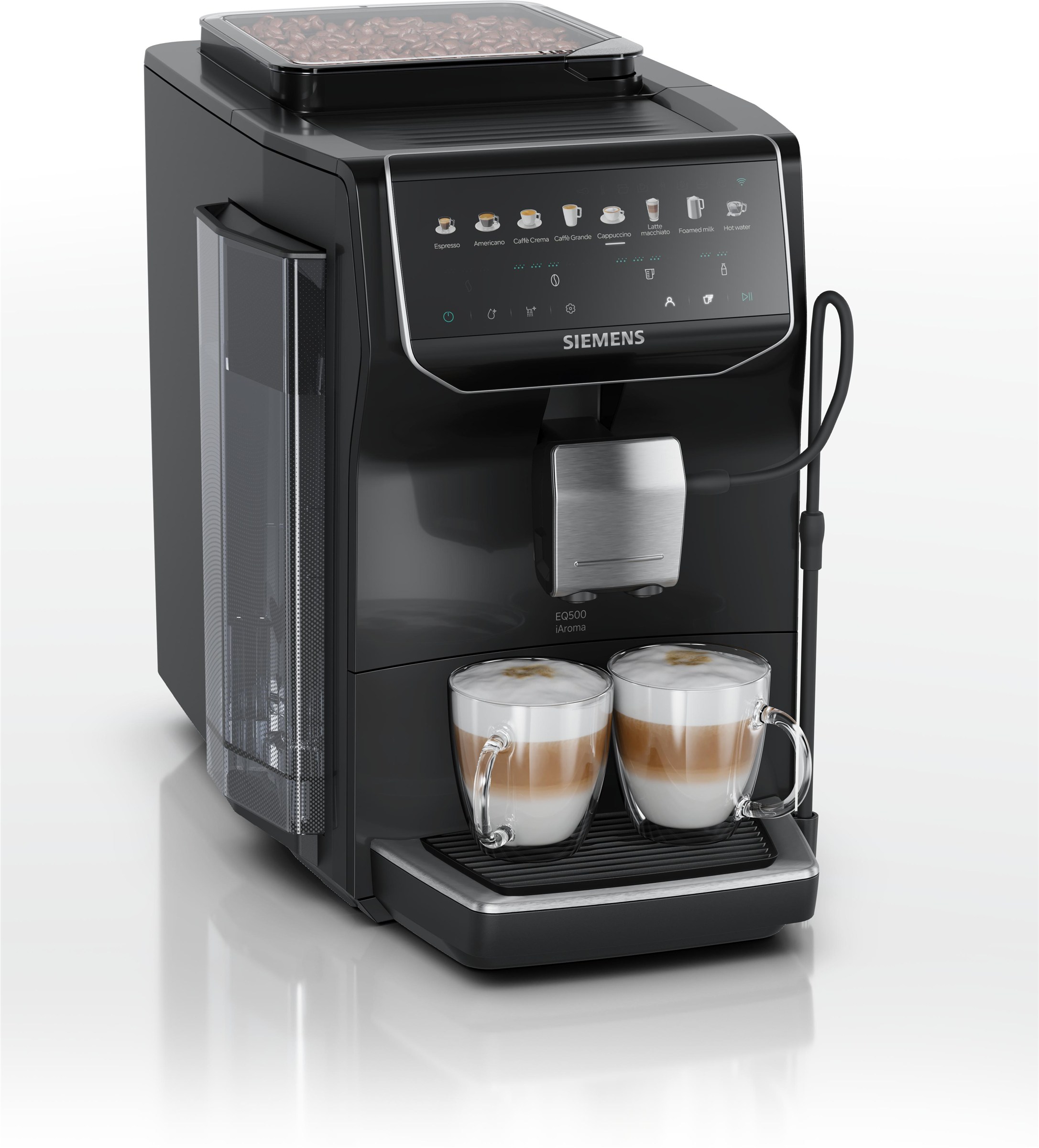 Siemens EQ500 iAroma TP553E07 Kaffeevollautomat in Klavierlack Schwarz, Frontansicht