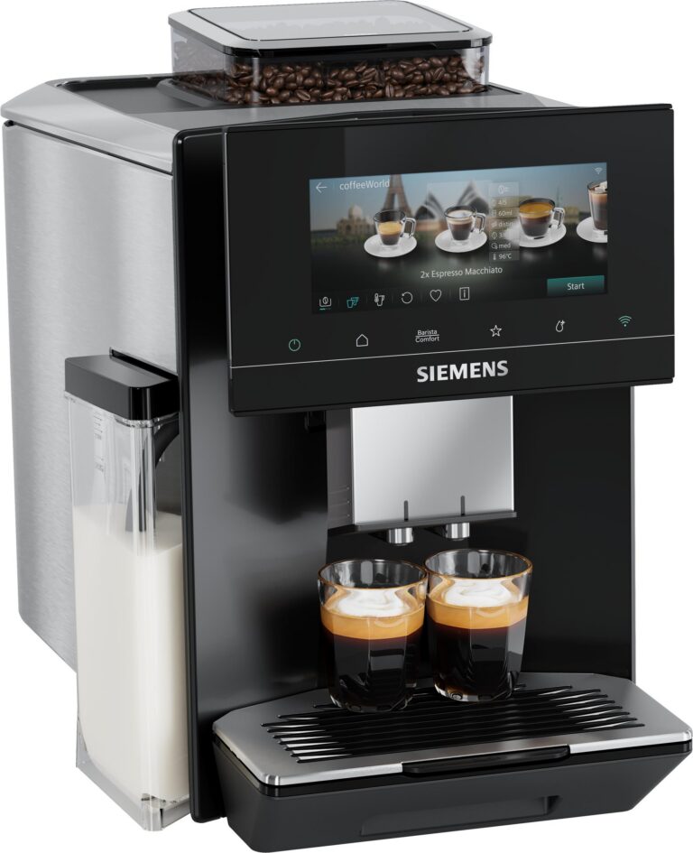 Siemens EQ900 iAroma TQ925EF9 Kaffeevollautomat, Klavierlack Schwarz, 6,8-Zoll-Touch-Display, Milchbehälter, 5 Profile