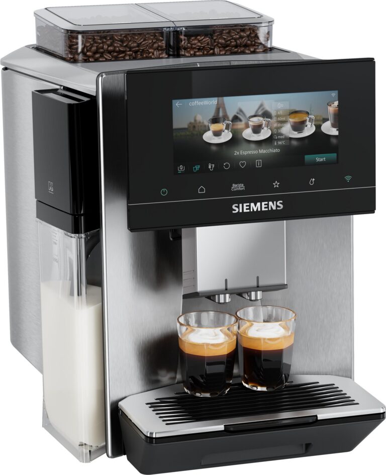 Siemens EQ900 plus iAroma TQ927FZ3 Kaffeevollautomat, Edelstahl, 6,8-Zoll-Touch-Display, 2 Bohnenbehälter, Kartuschenreinigung