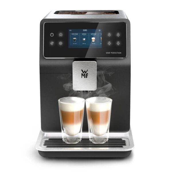 WMF Perfection 840L Kaffeevollautomat in Silber/Schwarz, Frontansicht mit zwei Latte-Macchiato-Gläsern
