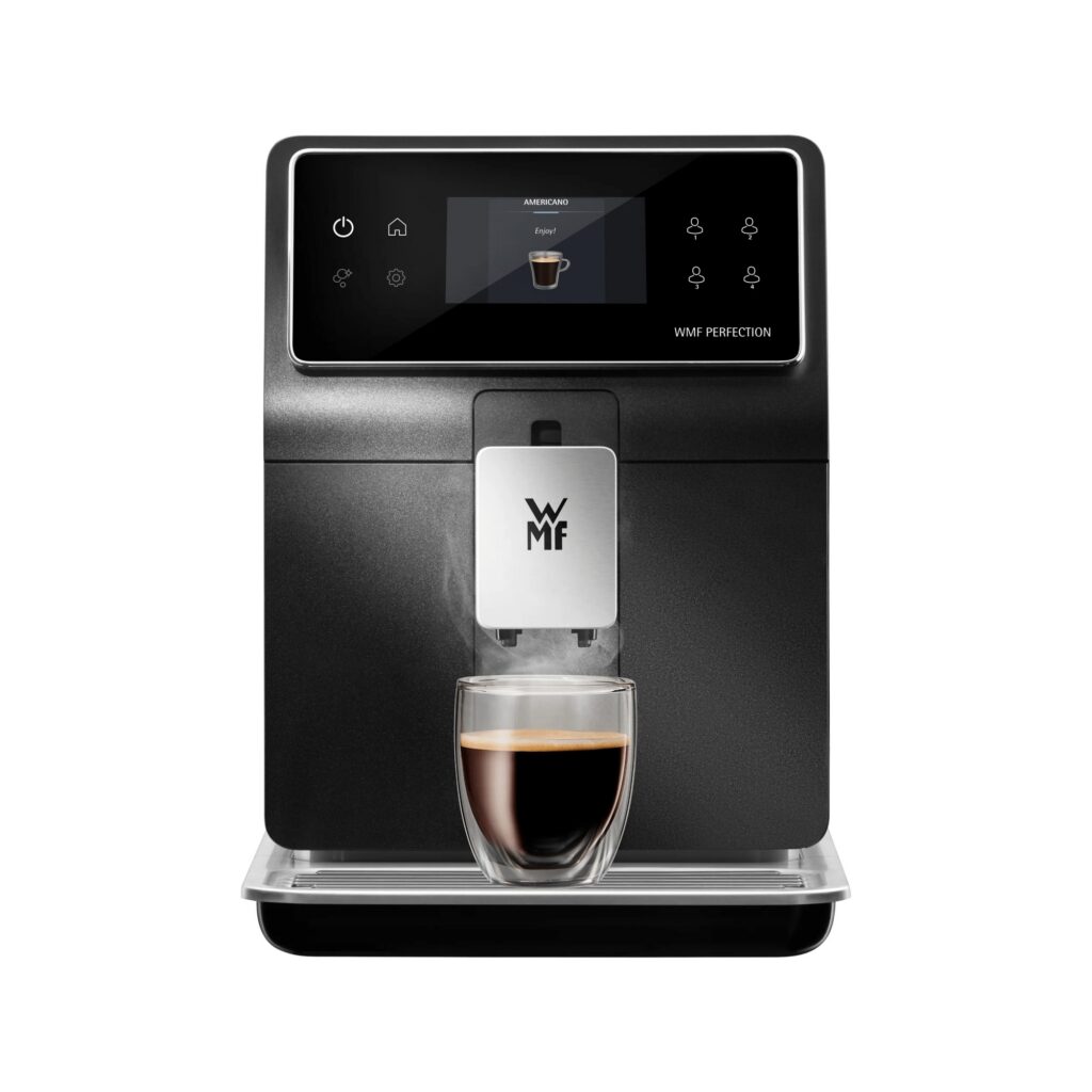 WMF Perfection 840L Kaffeevollautomat in Silber/Schwarz, Frontansicht mit Espresso