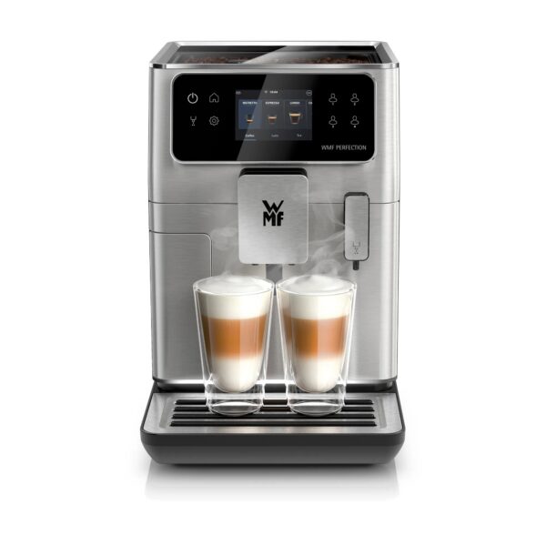 WMF Perfection 640 Kaffeevollautomat in Edelstahl, Frontansicht mit zwei Latte-Macchiato-Gläsern