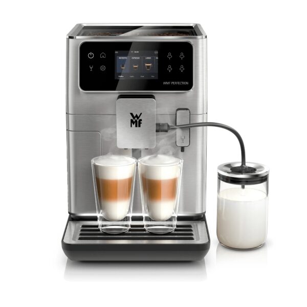 WMF Perfection 660L Kaffeevollautomat in Edelstahl/Schwarz, Frontansicht mit Glas-Milchbehälter